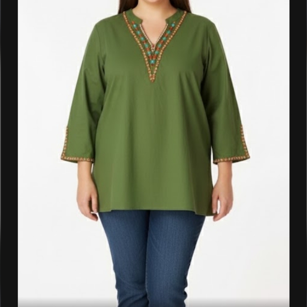 Roaman's tunic Top Linen Blend Boho Chic Hippie Plus sz 32W handmade rhinestone.